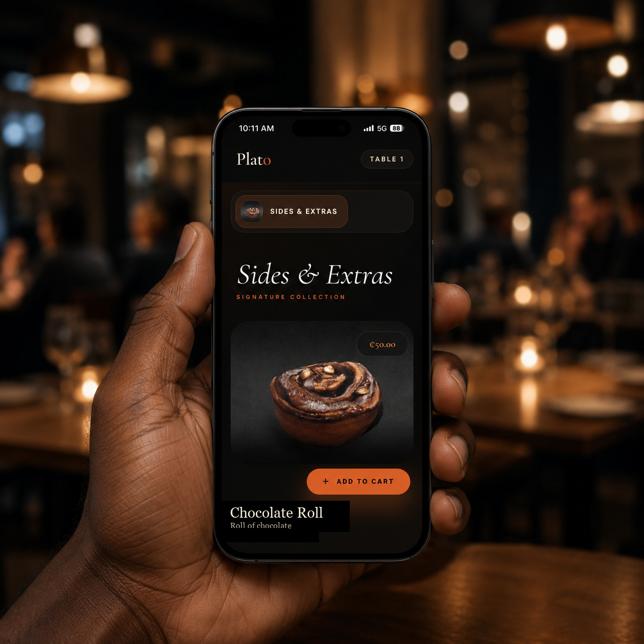 Guest holding the Plato table ordering screen in a restaurant