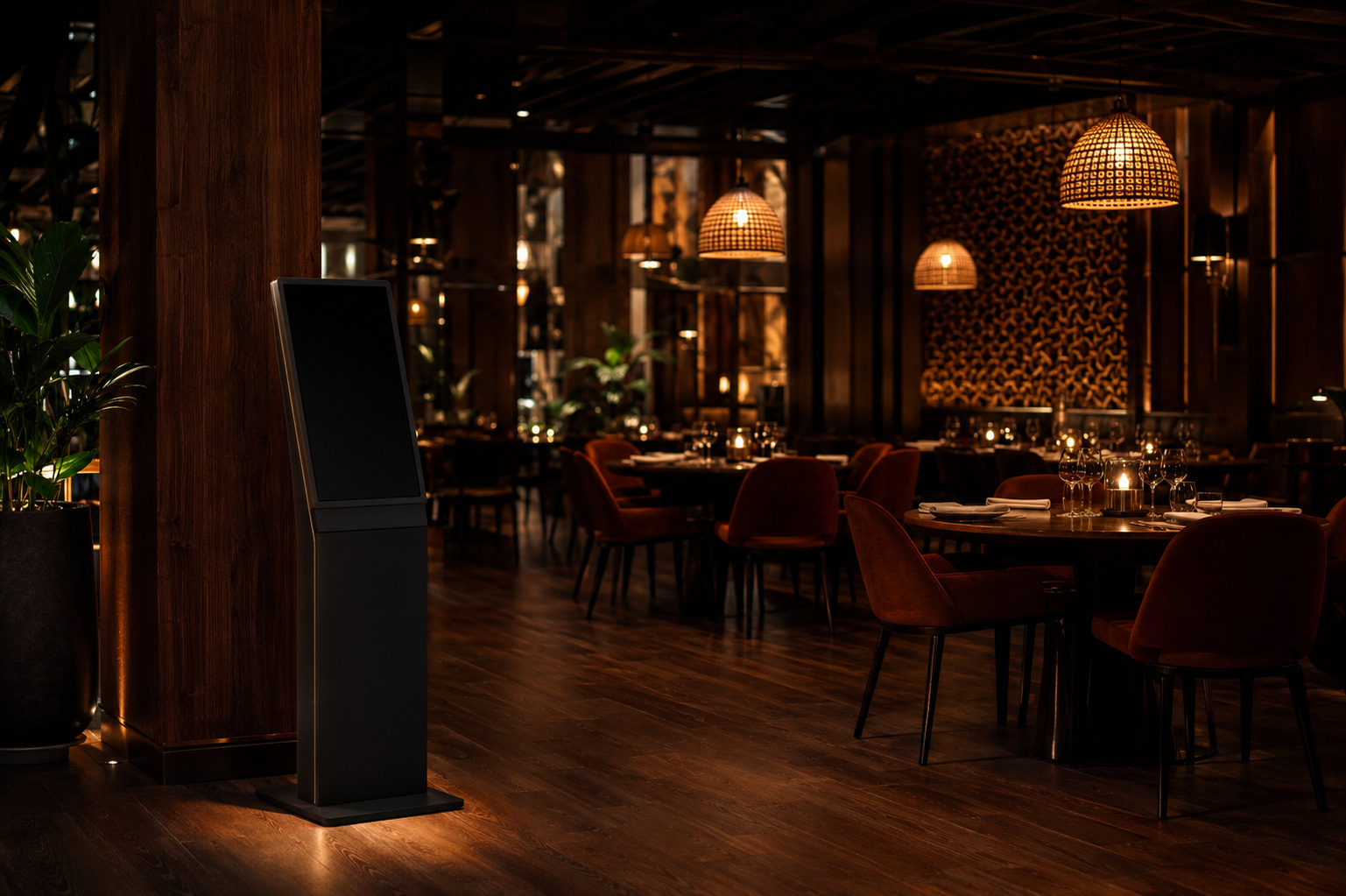 Ordering terminal installed in the dining room of a restaurant at night