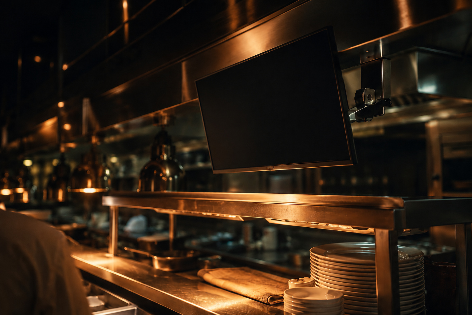Kitchen display screen mounted above the pass in a working restaurant kitchen